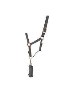 Hy Rose Gold Headcollar and Lead Rope - Grey/Rosegold  Cob