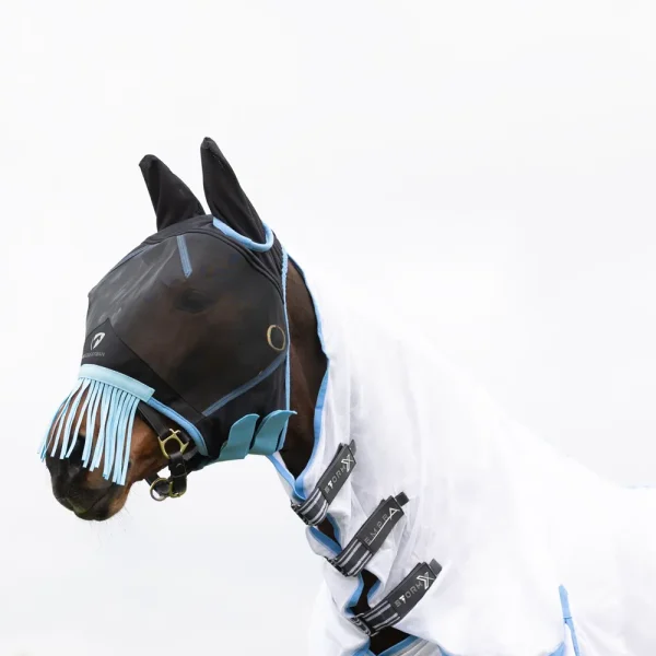 Hy Equestrian Mesh Half Mask With Ears and Fringe -Black/Light Blue