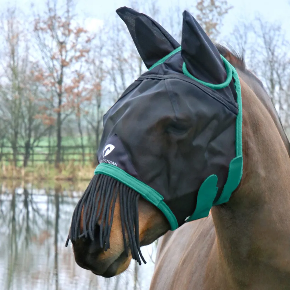 Hy Equestrian Mesh Half Mask With Ears and Fringe -Black/Teal